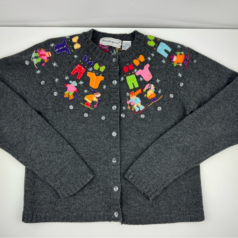 Vintage BellePoint Women's Small Cardigan Sweater‎ Gray Lambswool Felt Appliqué